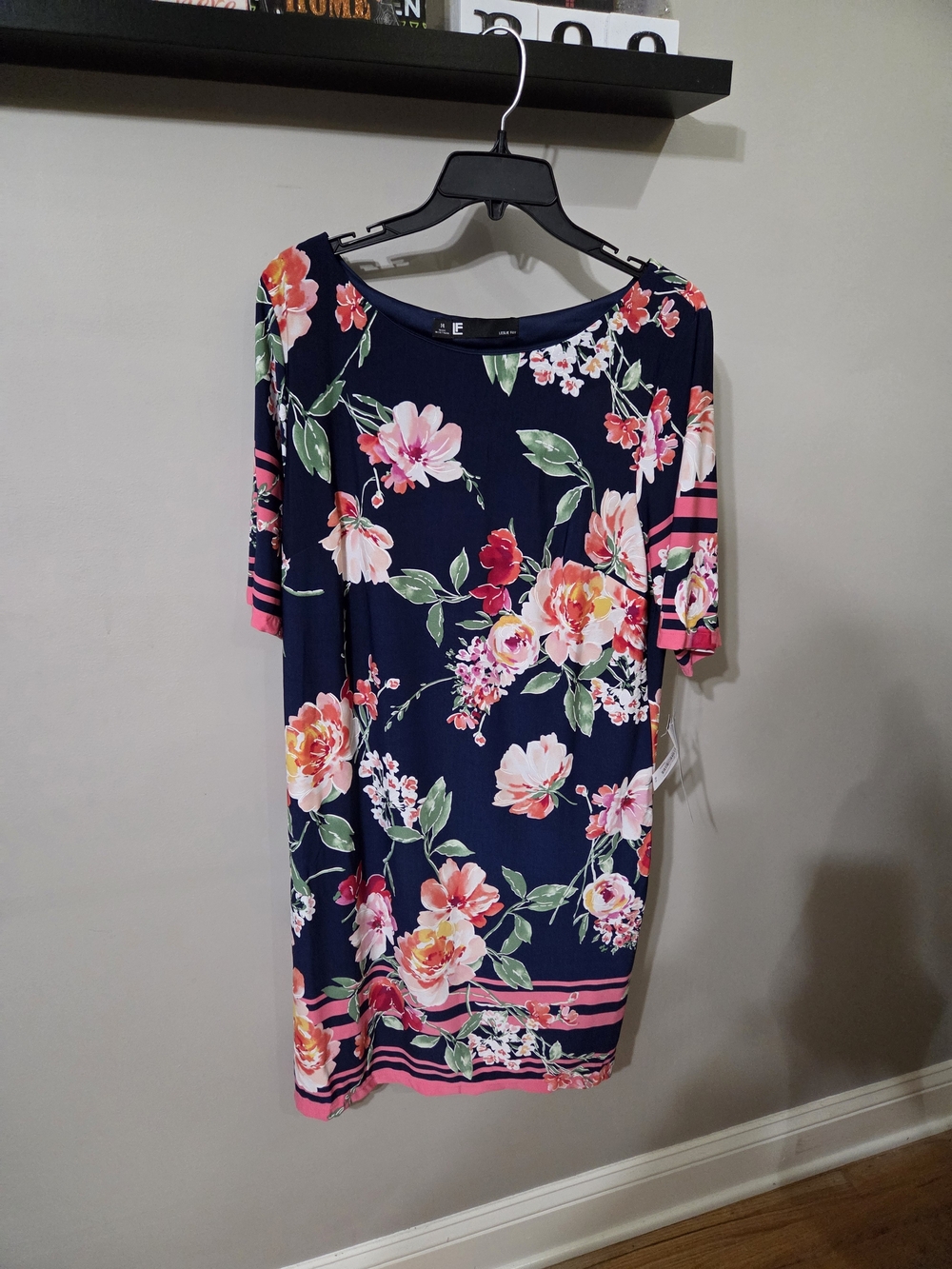 Leslie Fay Navy Dress with Pink and Green Floral Print